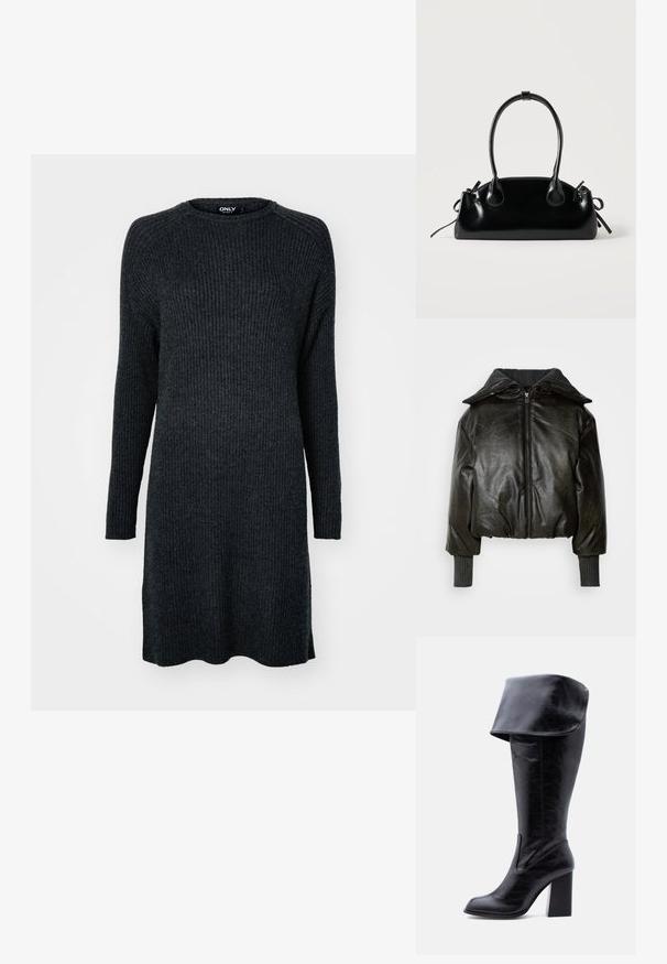 Veste en cuir noir recourbée avec un col côtelé épais, une fermeture éclair à l'avant et des manches texturées. Présente des épaules rembourrées et des poignets.; Robe en tricot côtelé gris foncé, à manches longues, avec un col rond et une coupe décontractée. L'ourlet est légèrement arrondi.; Botte haute en cuir noir avec talon, bord plié et bout arrondi, debout sur un fond blanc.; Petit sac à main noir brillant avec deux longues anses et des détails à cordon sur les côtés sur un fond clair uni.