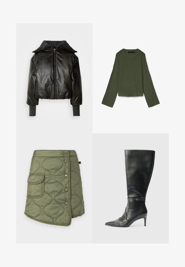 Skåret sort læderjakke med en tykk ribbet krave, frontlynlås og teksturerede ærmer. Har polstrede skuldre og håndledsmanchetter.; Olivengrøn wafflestrikket sweater med lange, brede ærmer, rund halsudskæring samt ribstrikkede manchetter og kant, lagt fladt på hvid baggrund.; Quiltet olivengrøn nederdel med en omslagdesign, der har en sidelomme, trykknapper og en glat, let blank tekstur.; Sorte knæhøje støvler i læder med en slank hæl, spids tå og remdetaljer ved anklen. Glat tekstur og tætsiddende design.