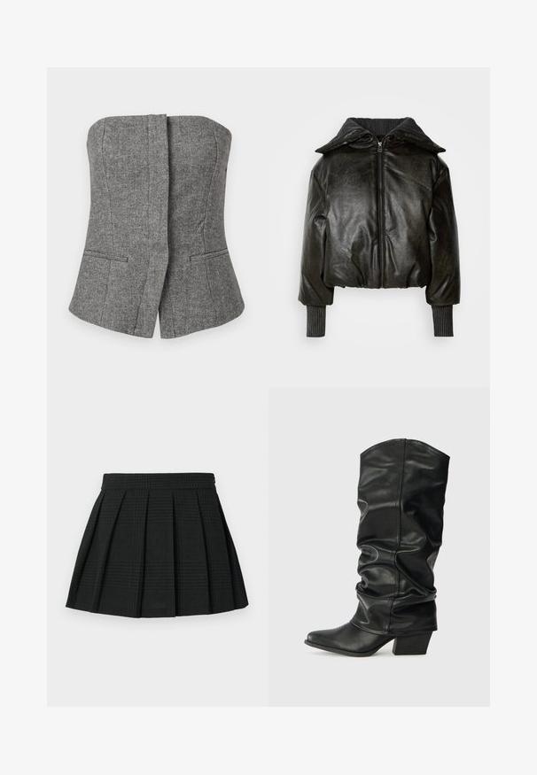 Veste en cuir noir recourbée avec un col côtelé épais, une fermeture éclair à l'avant et des manches texturées. Présente des épaules rembourrées et des poignets.; Gilet sans bretelles gris à motif chevrons avec une coupe ajustée et deux poches passepoilées à l'avant.; Jupe plissée noire en tissu texturé. Dispose d'une taille et d'un léger motif écossais tout au long. Longueur courte avec des plis superposés.; Bottes noires en cuir, montantes jusqu'au genou, avec un design plissé, un bout pointu et un talon épais, présentant une texture lisse et des coutures minimales.