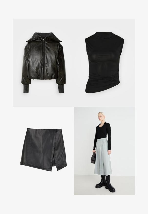 Gekürzte schwarze Lederjacke mit dicker gerippter Kragen, Frontreißverschluss und strukturierten Ärmeln. Verfügt über gepolsterte Schultern und Handgelenksbündchen.; Schwarzes ärmelloses Oberteil mit hohem Kragen, aus glattem Stoff gefertigt. Verfügt über geraffte Details an einer Seite und hat eine taillierte Silhouette.; Even&Odd Minirock - black; Schwarzes Langarmoberteil, hellgrauer plissierter Rock mit Doppelverschlussdetails und schwarzen Boots mit dicker Sohle; silberne Handtasche mit Verzierungen.