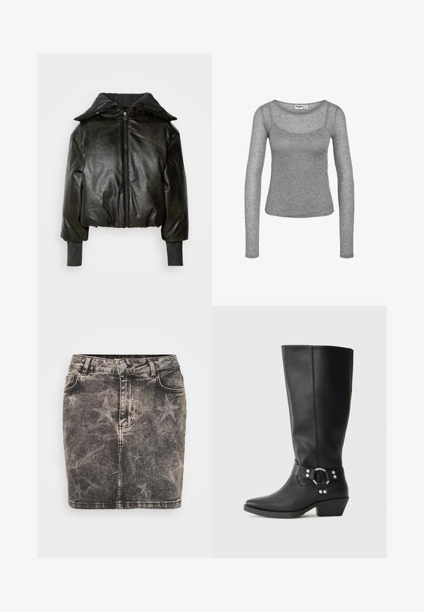 Gekürzte schwarze Lederjacke mit dicker gerippter Kragen, Frontreißverschluss und strukturierten Ärmeln. Verfügt über gepolsterte Schultern und Handgelenksbündchen.; Graues langärmliges Rippenstrickoberteil mit U-Ausschnitt und figurbetonter Silhouette.; Schwarzer Denim-Minirock mit verblasstem Sternmuster. Mit hoher Taille, fünf Taschen und kontrastierenden Nähten. Klassischer Knopfverschluss.; Schwarze Lederstiefel bis zum Knie mit spitzem Zehenabschluss, ausgestattet mit einem dekorativen Knöchelriemen und silbernen Hardware-Elementen. Niedriger Blockabsatz.