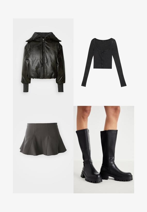 Skåret sort læderjakke med en tykk ribbet krave, frontlynlås og teksturerede ærmer. Har polstrede skuldre og håndledsmanchetter.; Sort ribbet langærmet cropped top med en scoop halsudskæring, knaplukning foran og tekstureret stof. Har subtile lodrette striber.; Sort flared nederdel med en tætsiddende talje, der har lodrette syninger og en glat tekstur. Sømmen er let buet og går lige over midten af låret.; Sorte knæhøje støvler lavet af glat kunstlæder med en kraftig sål, lynlås i siden og design med rund tå.