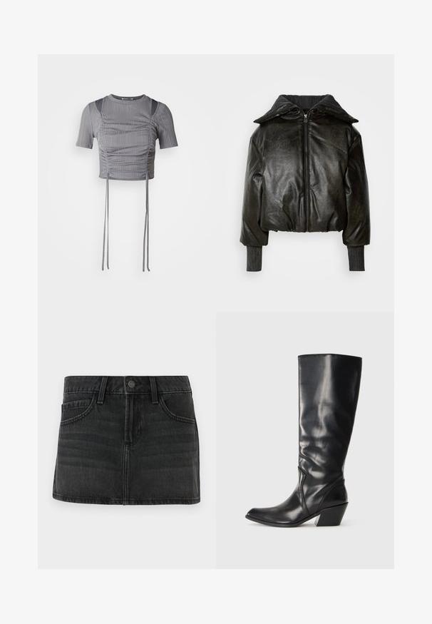 Skåret sort læderjakke med en tykk ribbet krave, frontlynlås og teksturerede ærmer. Har polstrede skuldre og håndledsmanchetter.; Grå cropped top med korte ærmer, prydet med lodret ribbet mønster, sammenkrøllede detaljer og justerbare bånd i kanten for en skræddersyet pasform.; Sorte denimskørt med en tætsiddende design, fem lommer og en talje. Har en metalknaplukning og subtile falmede detaljer.; Sorte læder knæhøje støvler med spids tå, vinklet hæl og glat tekstur. Funktioner en subtil syning langs siden.