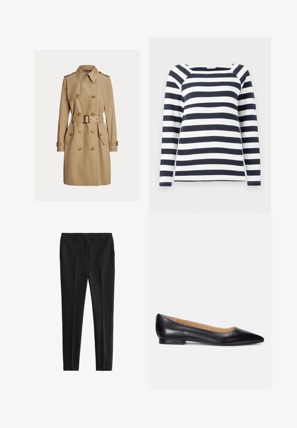 Gabardina beige de doble botonadura con cinturón, hombreras abotonadas, dos bolsillos delanteros con solapa y correas con hebillas en los puños.; TOM TAILOR STRIPED CARRE NECK - Camiseta de manga larga - lunar eclipse/off white; Pantalones negros a medida hechos de una tela suave. Presentan un frente plano, bolsillos laterales y un diseño ajustado. Estilo limpio y minimalista.; Bailarinas de cuero negro con punta afilada, tacón bajo y un acento dorado en el tacón. Textura suave con una silueta clásica.