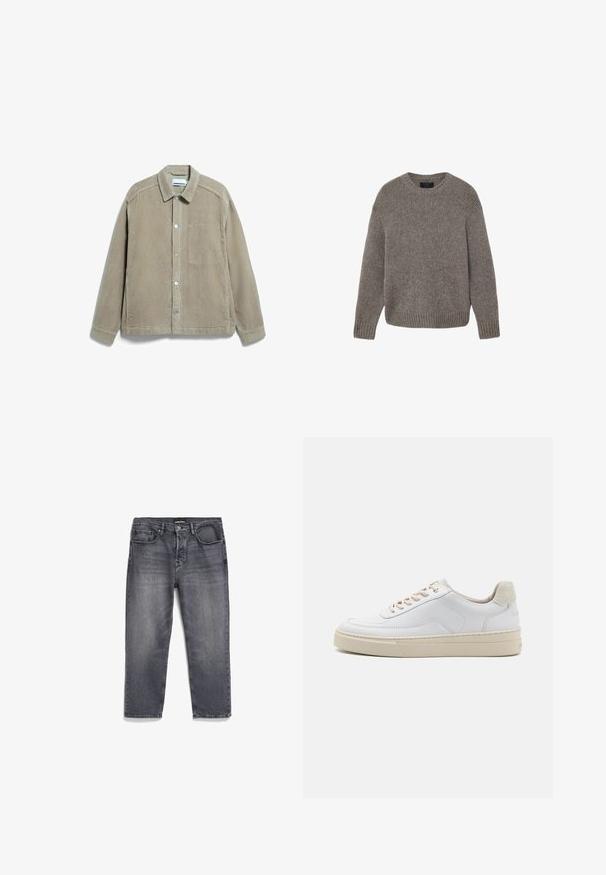 Beige corduroy jas met knopen, lange mouwen, kraag en borstzak, plat gelegd op een witte achtergrond.; Grijze gebreide trui met lange mouwen en ronde hals, met geribde boorden en zoom, plat liggend op een witte achtergrond.; Grijze denim jeans met een vervaagde afwerking, met een rechte snit, vijf zakken ontwerp en een licht versleten uitstraling.; Witte sneaker met een gevoerd leren bovenwerk, beige veters en een gestructureerde beige suede hieltab. Verhoogde zool voor extra hoogte.