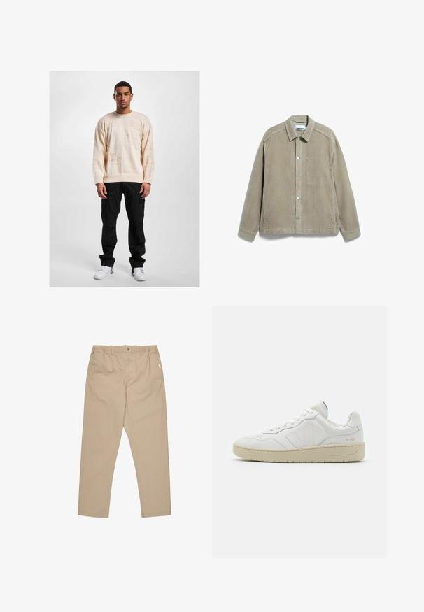 Veste beige en velours côtelé à boutons, manches longues, col et poche poitrine, étalée à plat sur un fond blanc.; Pull en tricot beige avec des motifs en relief, col rond et épaules tombantes, associé à un pantalon cargo noir et des baskets blanches.; Pantalons khaki en tissu léger, avec une coupe droite, fermeture à bouton et poches latérales. Texture lisse avec un minimum de détails.; Baskets en cuir blanc avec une finition texturée et un col rembourré. Elles sont dotées d'une semelle en caoutchouc beige et d'une discrète branding sur le talon et le côté.