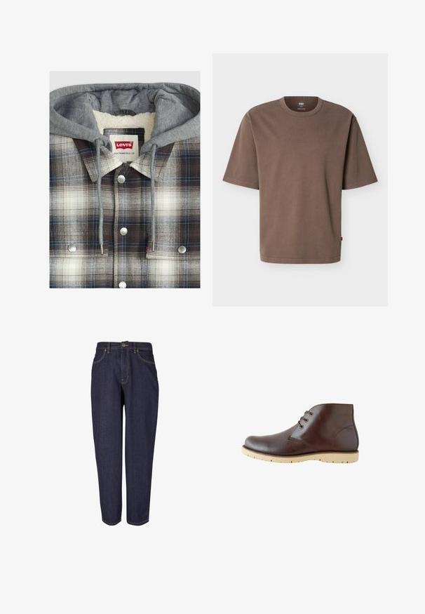 Rute skjortejakke med grå hætte; flannel tekstur i brune, hvide og blå tern; sølvhardware; fleeceforet indre.; Løs, kortærmet brun bomulds-T-shirt med rund hals og en lille rød Levi's-mærkat på sidesømmen.; Mørk denim jeans med lige ben design, der har traditionel fem-lomme stil, subtil guld syning og metal knaplukning.; Brune læder ankelstøvler med en glat finish, der har to snøreringe, en rund tå og lette gummisåler med skridsikre riller.
