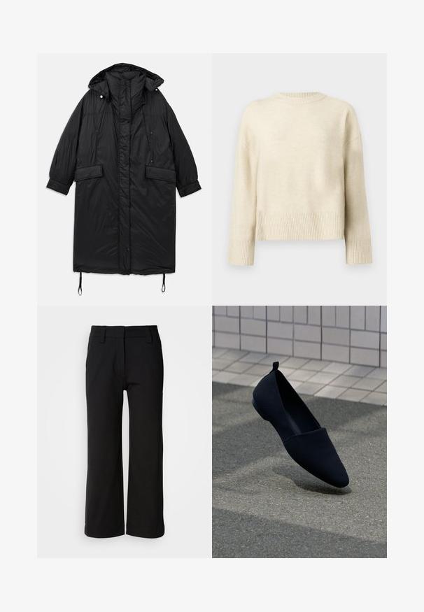 must have long black padded coat with a hood, button front closure, two front pockets, and an adjustable drawstring at the hem. Smooth texture and lightweight material.; Kreemivärvi lõngasoe särk pikkade varrukatega, soonikkiigud, hem ja ümar kaelus, esitlemas lihtsal taustal.; Mustad laiad püksid, mis on valmistatud siledast kangast. Omavad lõike ees lamefronti, vööde jaoks silmuseid ning puhta hemmi, ilma taskute või nähtavate kinnitusteta.; Musta tasapohjane kengä, millel on terav varvas, sile tekstuur ja minimalistlik disain. Omab väikest kontsi ja silmustagust tabit.