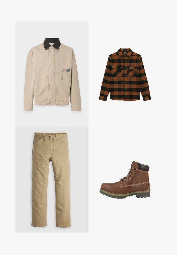 Beige canvasjakke med en sort kordfløjlskrave, med et patch på venstre bryst og to forlommer. Enkel, struktureret design.; Langærmet skjorte i orange og sort ternet mønster, lavet af et tekstureret stof. Har to brystlommer og knaplukning foran.; Khakifarvede bomuldssbukser med lige ben, forlommer og knaplukning. Glat tekstur og forstærkede sømme for holdbarhed.; Brun læderankelstøvle med rundet snude, polstret krave, hvide syninger og gummisål med mønster for godt greb.