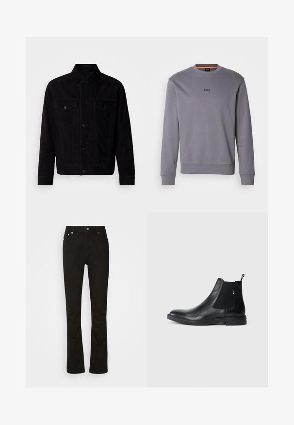 Zwarte suède jas met een klassieke kraag, voorzakken en een knoopsluiting. Heeft contrasterende stiksels en een rechte zoom.; Grijze sweatshirt van katoen met een ronde halslijn, ribgebreide boorden en zoom, met een klein 'BOSS' logo op de voorkant.; Zwarte denim jeans met een recht model, voorzien van voorzakken, een rits en zilveren hardware accenten. Soepele textuur, zonder patronen.; Zwarte leren Chelsea-boots met elastische zijpanelen, een treklipje en een vlakke rubberen zool. Gladde textuur met minimale details.