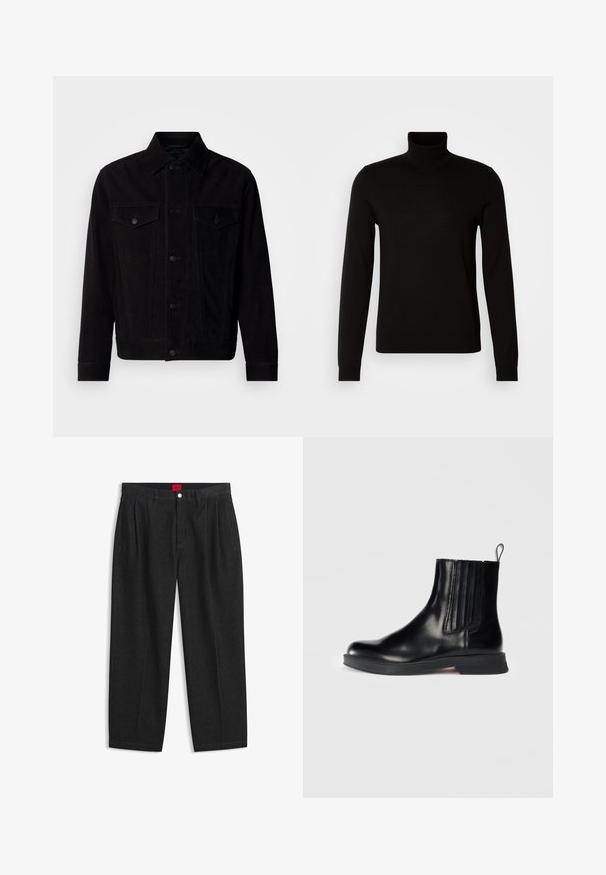 Sort ruskindjakke med klassisk krave, frontlommer og knaplukning. Har kontraststing og lige kant.; Sort turtleneck sweater lavet af et fint strikket stof, der har lange ærmer og en tætsiddende silhuet. Glat tekstur med ribbede manchetter.; Sorte bukser med høj talje med forreste læg, bæltestropper, knap og lynlås lukning samt en rød label indeni linningen.; Sorte læder ankelstøvler med elastiske sidepaneler, rund tå, lav blokhæl og pull-tab. Har en glat overflade og et elegant design.