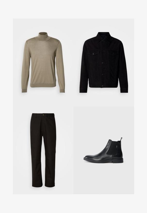 Chaqueta de ante negro con cuello clásico, bolsillos delanteros y cierre de botones. Presenta costuras en contraste y dobladillo recto.; Suéter de cuello alto beige, hecho de una tela delgada y acanalada. Mangas largas con puños ajustados y un dobladillo recto en la parte inferior. Diseño simple, sin patrones.; Pantalones de algodón negros con corte recto, presillas para el cinturón, cremallera frontal y un solo botón de cierre. Textura suave sin patrones visibles.; Botines Chelsea de cuero negro con paneles elásticos laterales, una pestaña para tirar y una suela de goma plana. Textura suave con un detalle mínimo.