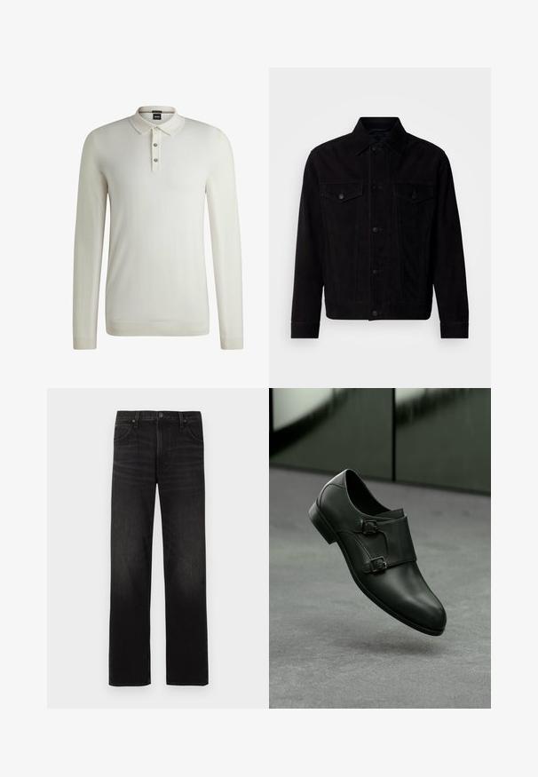 Sort ruskindjakke med klassisk krave, frontlommer og knaplukning. Har kontraststing og lige kant.; BOSS LANCIONE - Striktrøje - open white eleven; Sorte jeans med lige ben, fem lommer og knaplukning, vist fladt på en lys baggrund.; Sorte lædersko med et strømlinet design, der har to sølvfarvede spænde accenter og en rund tå, sat mod en grå baggrund.