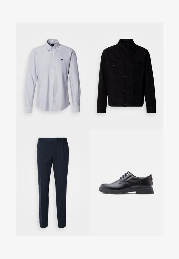 Veste en suède noire avec un col classique, des poches avant, et une fermeture par boutons. Caractérisée par des coutures contrastantes et un ourlet droit.; Chemise boutonnée bleu clair à manches longues, fabriquée à partir d'un tissu texturé. Présente un petit logo sur la poitrine gauche et des poignets standards.; Pantalon bleu marine en mélange de coton, avec une coupe droite, des plis à l'avant et une fermeture à bouton à la taille. Texture lisse, sans motifs.; Chaussures en cuir noir à lacets avec une texture lisse, un bout arrondi et des détails de couture discrets. Présentent une languette rouge à l'arrière.