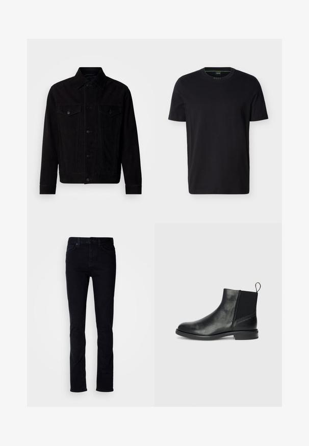Schwarze Wildlederjacke mit klassischem Kragen, Vordertaschen und Knopfverschluss. Verfügt über kontrastierende Nähte und einen geraden Saum.; Schwarzes T-Shirt mit kurzen Ärmeln und Rundhalsausschnitt, mit einem kleinen grünen "BOSS"-Etikett im Kragen.; Schwarze Denim-Jeans mit Slim-Fit, Fünf-Taschen-Design, sichtbaren Nähten und Knopfleiste. Glatte Textur ohne zusätzliche Muster.; Schwarze Leder-Ankle-Boots mit elastischen Seitenpaneelen, runder Zehenpartie, niedrigem Blockabsatz und einer Zuglasche auf der Rückseite für ein einfaches An- und Ausziehen.