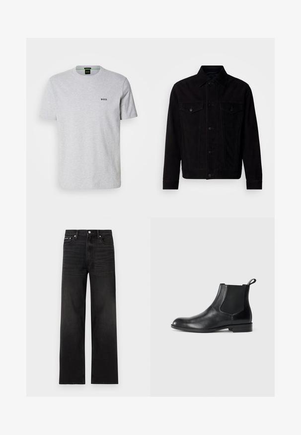 Schwarze Wildlederjacke mit klassischem Kragen, Vordertaschen und Knopfverschluss. Verfügt über kontrastierende Nähte und einen geraden Saum.; Grau Baumwoll-T-Shirt mit rundem Halsausschnitt, kurzen Ärmeln und kleinem schwarzen "BOSS"-Logo auf der Brust. Glatte Textur, lässiges Design.; Schwarze Jeans mit geraden Beinen, fünf Taschen, Gürtelschlaufen und Knopfverschluss, auf weißem Hintergrund dargestellt.; Schwarze Leder-Stiefelette mit elastischen Seiteneinsätzen, abgerundeter Zehenpartie und einem Zugschlauf. Glatte Textur, flache Sohle, minimalistisches Design.