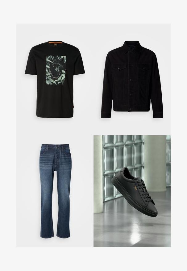 Schwarze Wildlederjacke mit klassischem Kragen, Vordertaschen und Knopfverschluss. Verfügt über kontrastierende Nähte und einen geraden Saum.; Schwarzes Baumwoll-T-Shirt mit einem zentralen Motiv eines Panthers, umgeben von Blättern, mit einem Kettenkragen und dem Text "BOSS". Kurze Ärmel.; Jeans aus Denim mit geradem Bein, mittlerer Waschung, Fünf-Taschen-Stil und Knopfverschluss. Der Stoff hat eine glatte Textur mit leichter Ausbleichung.; Schwarzer flacher Ledersneaker mit schwarzen Schnürsenkeln und goldenem BOSS-Logo an der Seite, schwebend über einem glänzenden grauen Boden in einem modernen Innenraum.