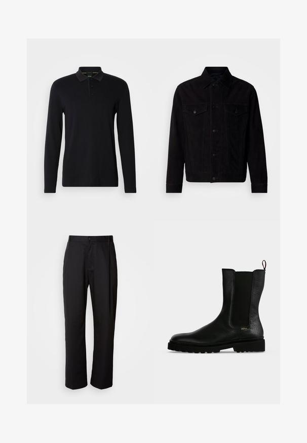 Schwarze Wildlederjacke mit klassischem Kragen, Vordertaschen und Knopfverschluss. Verfügt über kontrastierende Nähte und einen geraden Saum.; Schwarzes Langarm-Polohemd aus glattem Stoff. Verfügt über einen Kragen, eine Dreiknopfleiste und ein dezentes Logo auf der Brust.; Schwarze Hosen mit geradem Schnitt, aus leichtem Stoff gefertigt. Verfügt über einen vorderen Knopfverschluss und zwei seitliche Taschen; glatte Textur.; Schwarzer Leder-Stiefelette mit elastischem Seitenteil, grober Sohle und Zuglasche hinten, mit kleinem goldenem "Hugo" Logo nahe der Ferse.