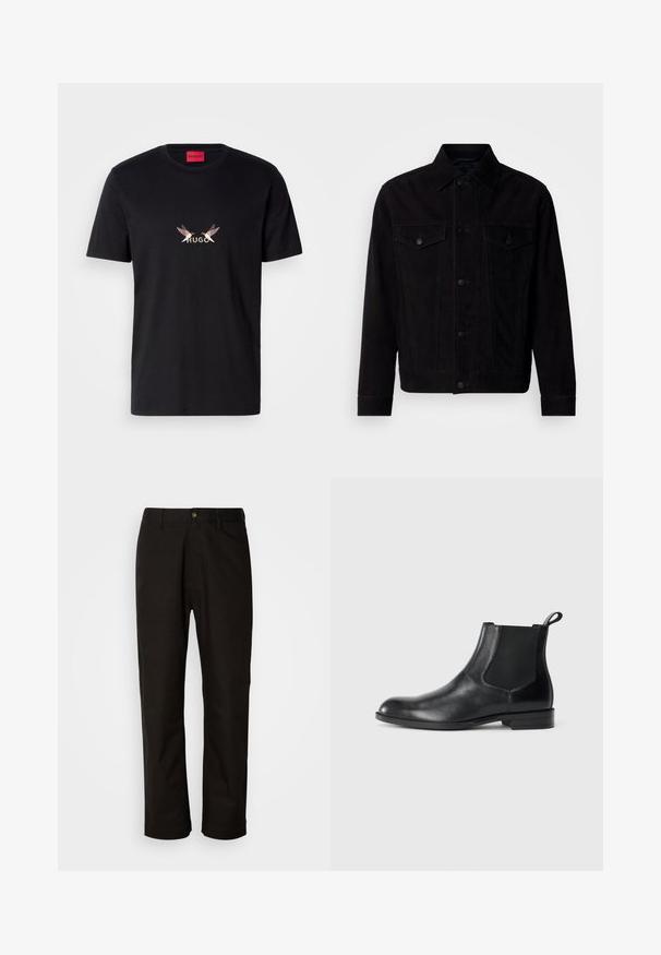 Chaqueta de ante negro con cuello clásico, bolsillos delanteros y cierre de botones. Presenta costuras en contraste y dobladillo recto.; Camiseta de algodón negra con un gráfico frontal que presenta la palabra "HUGO" y dos diseños estilizados de aves en colores claros y oscuros.; Pantalones de algodón negros con corte recto, presillas para el cinturón, cremallera frontal y un solo botón de cierre. Textura suave sin patrones visibles.; Botín negro de cuero hasta el tobillo con paneles elásticos a los lados, punta redondeada y lengüeta. Textura suave, suela plana, diseño minimalista.