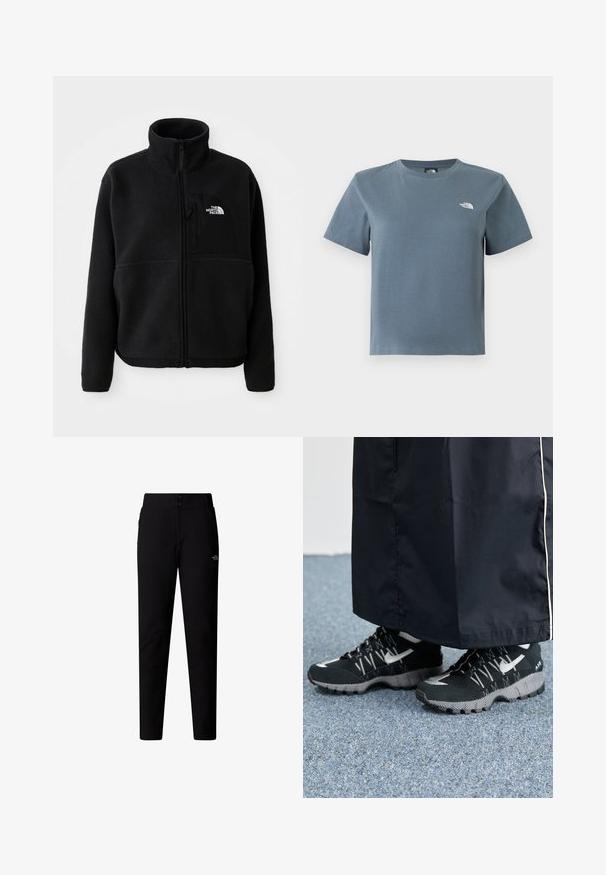 Schwarze Fleecejacke mit hohem Kragen, vollem Reißverschluss und einer linken Brusttasche mit einem Logo. Der Stoff hat eine weiche, strukturierte Oberfläche.; Graues-blaues T-Shirt mit kurzen Ärmeln und Rundhalsausschnitt, mit kleinem weißen The North Face-Logo auf der linken Brust, dargestellt auf weißem Hintergrund.; The North Face W QUEST SOFTSHELL PANTS - Stoffhose - tnf black; Schwarze Sportschuhe mit einer strukturierten Oberseite, silbernen Akzenten und einer gemusterten Außensohle, kombiniert mit einem schwarzen langen Kleidungsstück. Auf einem blauen Teppich drapiert.