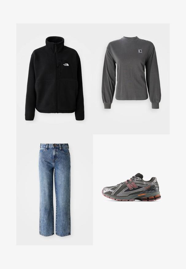 Μαύρο fleece μπουφάν με ψηλό γιακά, πλήρη φερμουάρ και τσέπη στο αριστερό στήθος με λογότυπο. Το ύφασμα έχει μια απαλή, υφασμένη επιφάνεια.; Γκρι κοντομάνικο t-shirt με μακριά μανίκια φτιαγμένο από βαμβάκι, με στρογγυλή λαιμόκοψη και ελαστικές μανσέτες, που διαθέτει ένα μικρό τετράγωνο λογότυπο στο στήθος.; Ψηλοκάβαλες ίσιες μπλε τζιν παντελόνες με μπροστινές τσέπες, θηλιές ζώνης και κούμπωμα με κουμπί.; Γκρι αθλητικό παπούτσι με πλέγμα, με ροζ και μαύρες λεπτομέρειες, υφή στην επιφάνεια, ενισχυμένο μπροστινό μέρος και εμφανή τεχνολογία απορρόφησης κραδασμών στη σόλα.