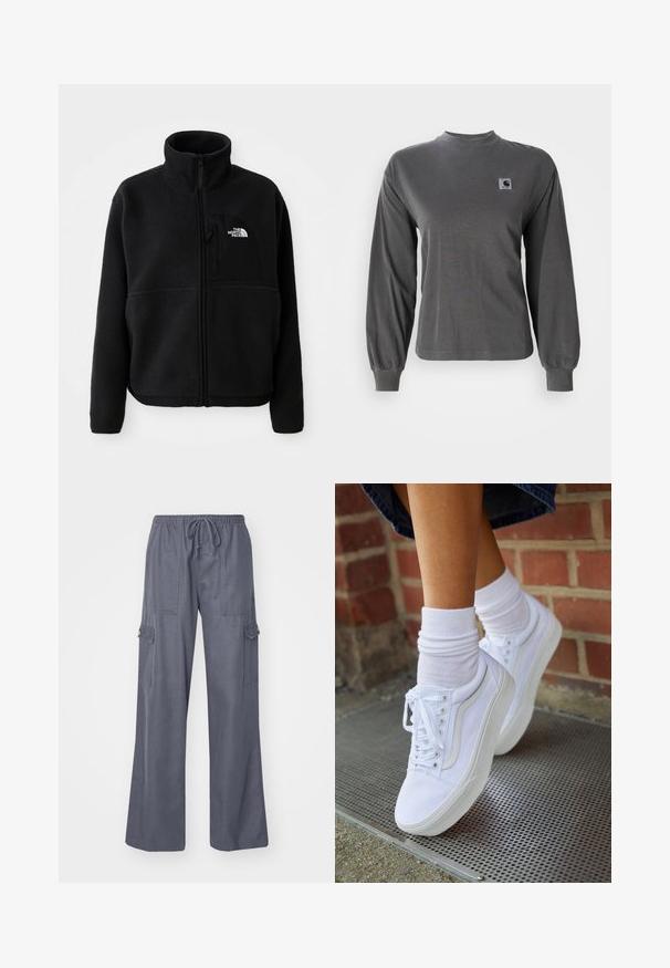 Μαύρο fleece μπουφάν με ψηλό γιακά, πλήρη φερμουάρ και τσέπη στο αριστερό στήθος με λογότυπο. Το ύφασμα έχει μια απαλή, υφασμένη επιφάνεια.; Γκρι κοντομάνικο t-shirt με μακριά μανίκια φτιαγμένο από βαμβάκι, με στρογγυλή λαιμόκοψη και ελαστικές μανσέτες, που διαθέτει ένα μικρό τετράγωνο λογότυπο στο στήθος.; Γκρίζες cargo παντελόνες με κορδόνι στη μέση, φαρδιές πόδια και δύο πλαϊνές τσέπες. Φτιαγμένες από μαλακό, ελαφρύ ύφασμα.; Λευκά καμβά παπούτσια με καουτσούκ σόλες, που διαθέτουν έξι τρυπούλες, στρογγυλή μύτη και λεπτομέρειες από ελαφριά ραφή, σε συνδυασμό με λευκές κάλτσες μέχρι τον αστράγαλο.