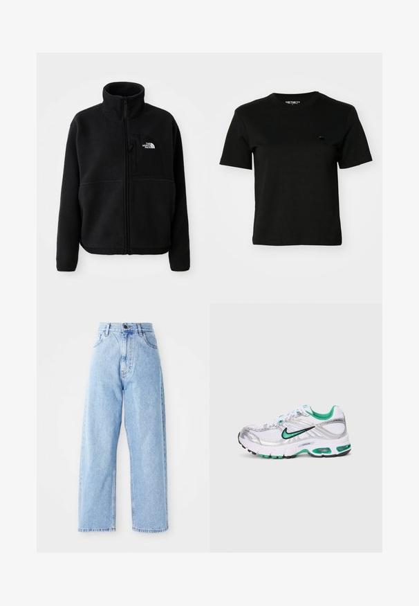 Veste en polaire noire avec un col haut, fermeture éclair intégrale et une poche sur la poitrine gauche portant un logo. Le tissu a une surface douce et texturée.; T-shirt noir en coton. Manches courtes et col rond. Présente un petit logo sombre sur la poitrine gauche. Design simple et classique.; Jeans en denim bleu clair taille haute avec des jambes droites larges, fermeture à bouton à l'avant, fermeture éclair et poches avant et arrière.; Baskets de course Nike en blanc, argent et vert. Comprend des matériaux en maille et synthétiques, un col rembourré et une semelle amortissante avec des unités d'air visibles.