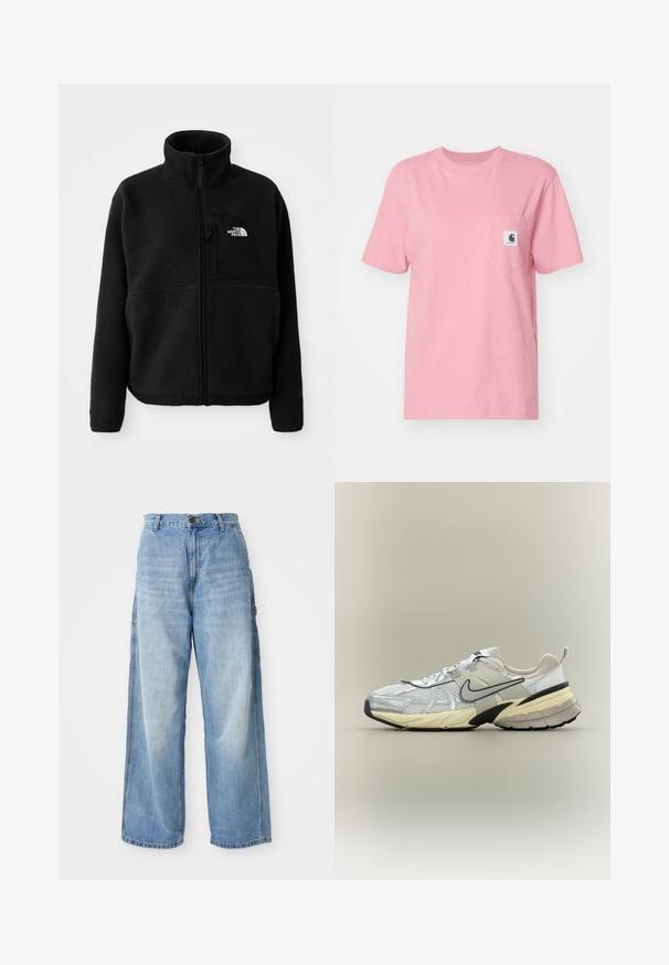 Sort fleecejakke med høj krave, fuld lynlås og en lomme på venstre bryst med et logo. Stofoverfladen er blød og struktureret.; Carhartt WIP POCKET - T-shirts basic - dusty rose; Lysblå vidde jeans med høj talje, der har sidelommer og en falmet struktur, lavet af denim materiale.; Hvid og grå Nike-sneaker med mesh-overdel, sort swoosh, beige mellemsål og sort ydersål på en lys baggrund.