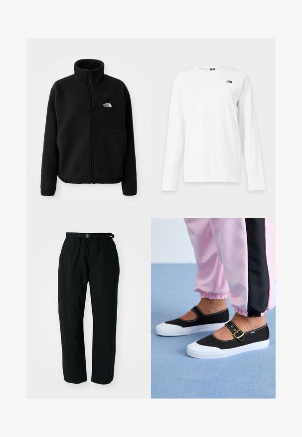 Sort fleecejakke med høj krave, fuld lynlås og en lomme på venstre bryst med et logo. Stofoverfladen er blød og struktureret.; Hvid langærmet T-shirt med rund hals og lille sort The North Face-logo på venstre bryst.; Sorte letvægtsbukser med elastisk talje og justerbart bælte. Har tapered ben og forstærkede knæpaneler for holdbarhed.; Sorte lærredssko med en hvid sål, der har et udskæringsdesign og et guldspænde. Bæret med lyserøde træningsbukser.