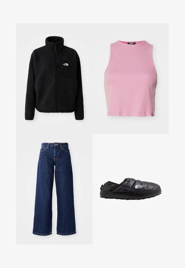 Sort fleecejakke med høj krave, fuld lynlås og en lomme på venstre bryst med et logo. Stofoverfladen er blød og struktureret.; Rosa ribbet crop top med rund halsudskæring og ærmeløs design. Har en kant, der slutter lige over taljen.; Mørkeblå vide jeans lavet af denim, med knap- og lynlåslukning, bæltesløjfer og klassisk fem-lomme design.; Sort isoleret slip-on sko med quiltet overdel, gummisål og strukturel detaljering. Har en hæltrækstrop og branding på siden.