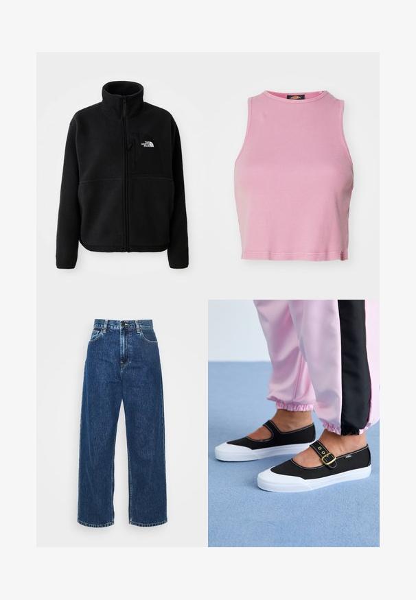 Schwarze Fleecejacke mit hohem Kragen, vollem Reißverschluss und einer linken Brusttasche mit einem Logo. Der Stoff hat eine weiche, strukturierte Oberfläche.; Rosa gerippter Cropped-Top mit rundem Halsausschnitt und ärmellosem Design. Besitzt einen Saum, der knapp über der Taille endet.; Helle blaue Denim-Breitbeinhosen mit hoher Taille, sichtbaren Nähten und normalen Taschen. Verfügt über einen Knopf- und Reißverschluss.; Schwarze Leinenschuhe mit einer weißen Sohle, die ein Ausschnittdesign und einen goldenen Schnallenriegel aufweisen. Getragen mit rosa Sporthosen.