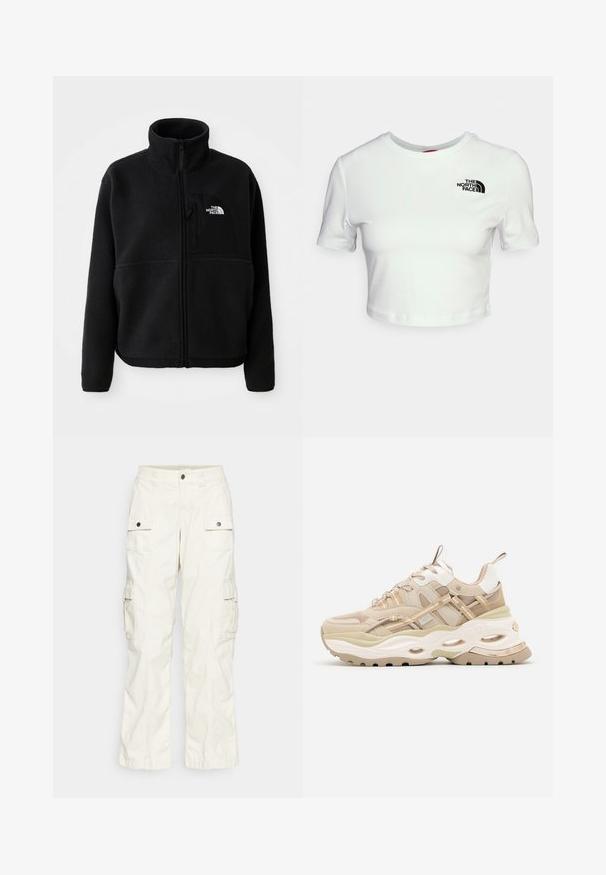 Chaqueta de forro polar negra con un alto cuello, cremallera completa y un bolsillo en el pecho izquierdo que presenta un logotipo. La tela tiene una superficie suave y texturizada.; Camiseta blanca de algodón cortada, con mangas cortas. Presenta un logotipo bordado en negro en el lado izquierdo del pecho y un cuello redondo.; Pantalones cargo de algodón en beige claro, con dos grandes bolsillos laterales, cierre de botón y un ajuste relajado con un diseño de pierna recta.; Zapatilla gruesa beige y blanca con suela gruesa, paneles de malla y cuero, recortes ovalados en la entresuela, lengüetas en la lengüeta y el talón.