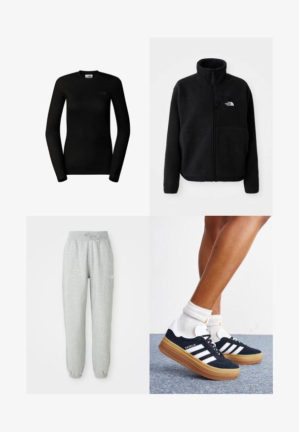 Zwarte fleece jas met een hoge kraag, volledige ritssluiting en een borstzak aan de linkerkant met een logo. De stof heeft een zachte, gestructureerde oppervlakte.; The North Face W EASY L/S CREW NECK - Longsleeve - tnf black; Grijze sweatpants met een elastische tailleband en trekkoord. De stof is zacht, met elastische boorden bij de enkels en een logodetail.; Ben met witte sokken en zwarte Adidas Gazelle sneakers met witte strepen en dikke bruine zolen op een grijs tapijt.