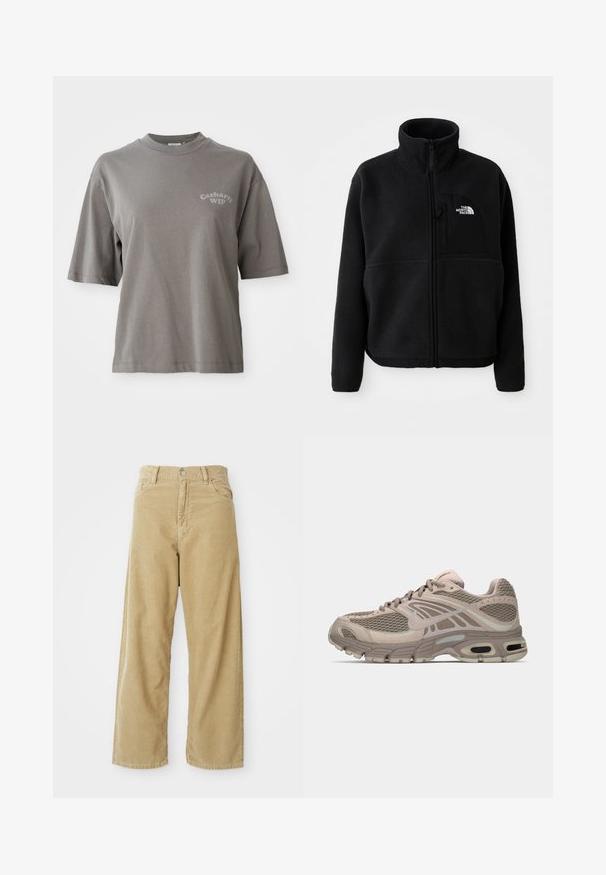 Veste en polaire noire avec un col haut, fermeture éclair intégrale et une poche sur la poitrine gauche portant un logo. Le tissu a une surface douce et texturée.; T-shirt en coton gris à manches courtes, col rond, avec un petit logo Carhartt WIP imprimé sur le devant. Texture lisse, coupe décontractée.; Pantalons en velours côtelé beige à taille haute, à jambes larges, avec poches avant et une fermeture à un seul bouton en métal. Texture douce avec un léger relief.; Chaussure de sport beige avec tige en mesh, accents moulés, bout arrondi et amorti d'air visible dans la semelle. Lacets de couleur neutre.