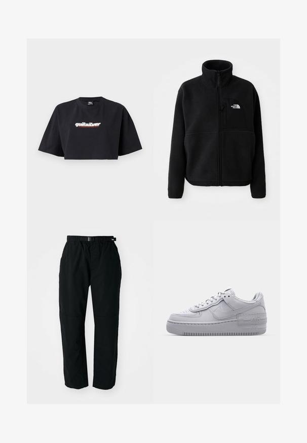 Zwarte fleece jas met een hoge kraag, volledige ritssluiting en een borstzak aan de linkerkant met een logo. De stof heeft een zachte, gestructureerde oppervlakte.; Zwarte crop top t-shirt, korte mouwen, gemaakt van katoen. Voorzijde toont het logo "Quiksilver Boarding Company" in wit en rood.; Zwarte lichtgewicht broek met een elastische tailleband en verstelbare riem. Kenmerkt zich door taps toelopende benen en versterkte knieën voor duurzaamheid.; Grijze Nike Air Force 1 sneaker met geperforeerde neus, glad leren bovenwerk, dikke zool en verhoogde 'AIR' details op de hiel.