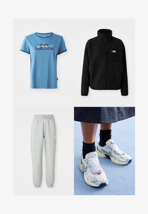 Sort fleecejakke med høj krave, fuld lynlås og en lomme på venstre bryst med et logo. Stofoverfladen er blød og struktureret.; Blå bomulds t-shirt med korte ærmer, marineblå kant, med "new balance" tekst og blomsterdesign i hvid og gul på forsiden.; Grå sweatpants med elastisk talje og snøre. Stoffet er blødt, og de har elastiske manchetter ved anklerne samt et logoaccent.; Hvide og sølv Nike sneakers med mesh-stof, reflekterende detaljer og en beige sål. Bæres med sorte sokker og står på en blå overflade.