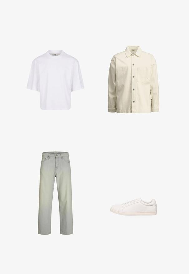 Chaqueta camisa beige claro hecha de algodón, con cuello puntiagudo, cierre frontal con botones, un bolsillo en el pecho y un pequeño detalle de logo.; Camiseta blanca de manga corta con cuello redondo y corte relajado, fabricada en una suave mezcla de algodón. Sin patrones ni adornos.; Jeans rectos de color gris claro con un diseño clásico de cinco bolsillos, cierre de botón y pasadores para cinturón. Fabricados en tela de mezclilla con una textura suave.; Zapatilla blanca de corte bajo con cierre de cordones y suela plana, mostrada en perfil lateral sobre un fondo blanco.