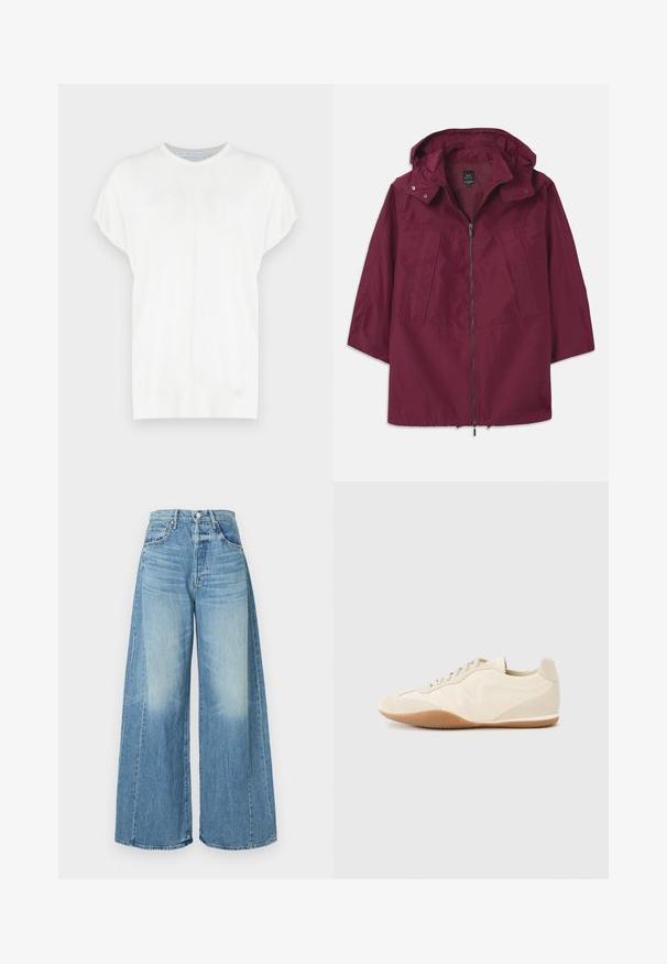 Bordeaux lichtgewicht jack met een rits, een capuchon en 3/4 mouwen. Beschikt over twee voorzakken en een gladde, matte textuur.; Witte korte mouwen gebreide top met een ronde halslijn, met een gladde textuur en subtiele naaddetails aan de voorkant.; Wijde denim jeans in lichtblauw, met een hoge taille, een vervaagde wassing en subtiele hardwaredetails bij de taille.; Lichtbeige sneakers met een textuur van leer op het bovenwerk, getextureerde zijpanelen en een rubberen zool. Voorzien van een slank, gestroomlijnd ontwerp en platte veters.