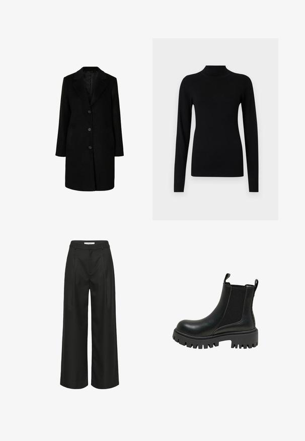 Manteau noir avec col cranté, fermeture à cinq boutons, deux poches latérales et une silhouette droite. Fabriqué dans un tissu doux et texturé.; Pull noir ajusté à col roulé manches longues avec poignets et ourlet côtelés sur fond gris clair.; Pantalon noir à jambes larges avec une coupe ajustée, doté d'une taille haute, de plis à l'avant et d'une texture de tissu lisse. Convient pour une tenue formelle.; Bottes chevilles en cuir noir avec des panneaux élastiques sur les côtés, semelle en caoutchouc épaisse et languette de tirage. Présente une finition lisse et une texture nervurée.