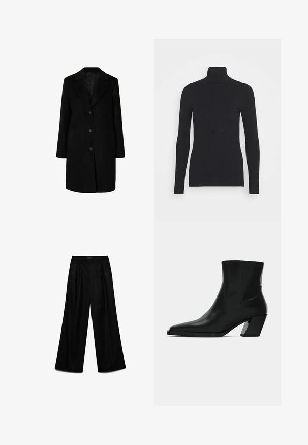 Abrigo negro con cuello de muesca, cierre de cinco botones, dos bolsillos laterales y silueta recta. Fabricado con una suave tela texturizada.; Suéter ajustado de canalé negro con cuello alto, que presenta mangas largas y una silueta ceñida. La textura es suave con un patrón de canalé horizontal.; Pantalones anchos negros con pliegues delanteros y bolsillos laterales, de talle alto con cinturilla lisa y cierre oculto.; Bota de tobillo de cuero negro con punta afilada, una silueta elegante y un tacón cuadrado grueso. Textura suave con detalles de costura mínimos.