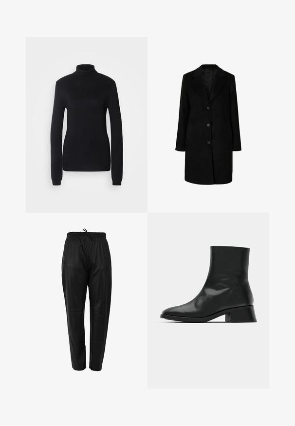 Manteau noir avec col cranté, fermeture à cinq boutons, deux poches latérales et une silhouette droite. Fabriqué dans un tissu doux et texturé.; Pull en col roulé noir fabriqué dans un tissu en maille douce, présentant des manches longues et une silhouette ajustée avec un col et un ourlet côtelés.; Pantalons en cuir noir avec taille à cordon, poches latérales et coupe fuselée. Texture lisse avec un éclat subtil.; Bottine noire en cuir brillant, au design épuré, avec un bout pointu et un petit talon bloc pour plus de stabilité.