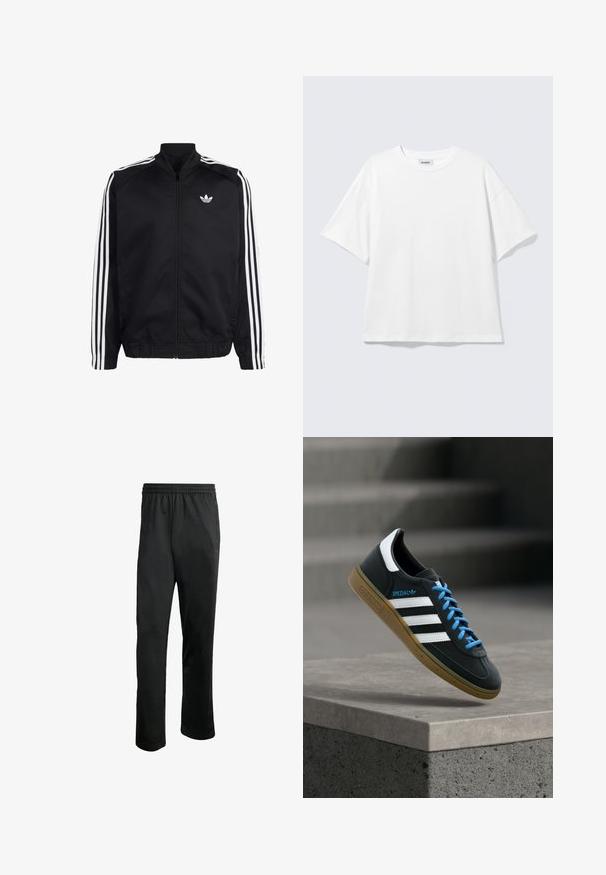 Sort sportjakke med lynlås med hvide tre-stribede detaljer på ærmerne og lille hvid Adidas trefoil-logo på venstre bryst.; Hvid oversized t-shirt med korte ærmer og rund halsudskæring med sænkede skuldre, fladt lagt på lys grå baggrund.; Sorte træningsbukser med en komfortabel elastisk livline, to sidelommer og et glat, let stof. Har diskrete logo detaljer.; Sort Adidas sneaker med hvide striber, blå snørebånd og gummisål, der svæver over gråt betontrin i blødt lys.