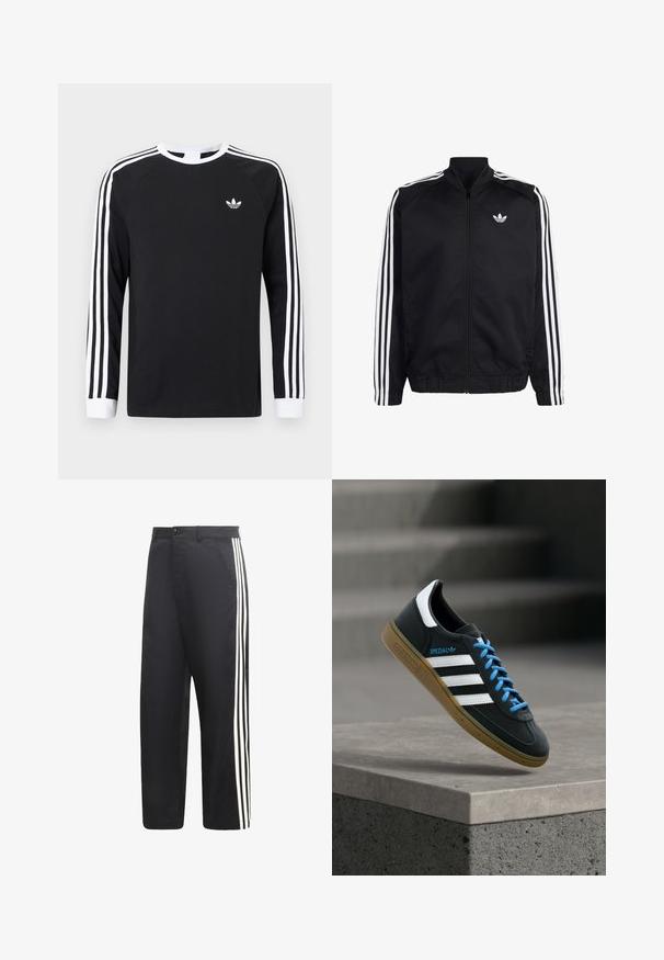 Black zip-up sports jacket with white three-stripe detailing on sleeves and small white Adidas trefoil logo on left chest.; Black long-sleeve T-shirt with white three-stripe design on sleeves. Features a crew neckline and a small white logo on the chest.; Black pants with a straight leg fit and three white vertical stripes running down the outer sides of each leg.; Black Adidas sneaker with white stripes, blue laces, and gum sole floating above gray concrete step in soft light.