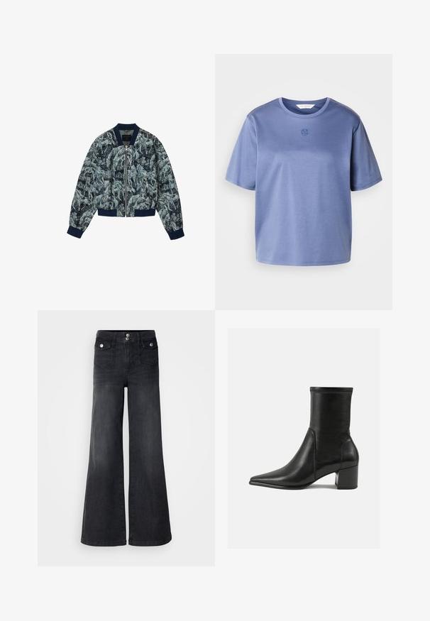 Bomberjacke mit marineblauen Bündchen und Kragen, bedeckt mit detaillierten grauen Pferdeillustrationen auf dunklem Hintergrund, vorderem Reißverschluss und zwei Taschen.; Blaues kurzärmeliges Baumwoll-T-Shirt mit Rundhalsausschnitt und kleinem, rundem Logo mittig unterhalb des Kragens.; Schwarze Denim-Jeans mit weitem Bein und hoher Taille, mit vorderen Knöpfen und zwei Vordertaschen; glatte Textur mit leichtem Verwaschungsfinish.; Schwarze Knöchelstiefel aus glattem Leder, mit spitzem Zehenbereich, einem Blockabsatz und markanten, raised stitching am oberen Rand.