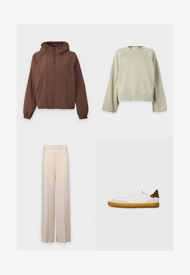 Brun hættejakke med frontlynlås, lange ærmer, elastiske manchetter og subtile lodrette sømdetaljer.; Lys beige sweatshirt med rund hals, lange, brede ærmer, ribkanter ved ærmer og søm samt et lille diskret logo nederst til venstre foran.; Beige vidde bukser i et glat stof med høj talje og subtile frontfolder. Ingen lommer eller synlige hardware detaljer.; Hvide sneakers med tekstureret ruskind og læderoverdel, med en leopardprintdetalje på hælen og en gummisål.