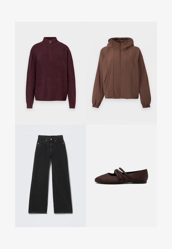 Veste marron à capuche avec fermeture éclair à l'avant, manches longues, poignets élastiques et détails subtils de coutures verticales.; Pull en tricot bordeaux avec un col monté, doté d'une demi-fermeture éclair avec un tirette circulaire, texture côtelée et manches longues ajustées.; Jean noir taille haute à jambes larges avec fermeture à boutons et fermeture éclair à l'avant, passants de ceinture et cinq poches avant sur fond clair.; Chaussure plate marron avec un bout pointu et deux fines brides croisées sur le cou-de-pied, détails de couture visibles et petit talon.