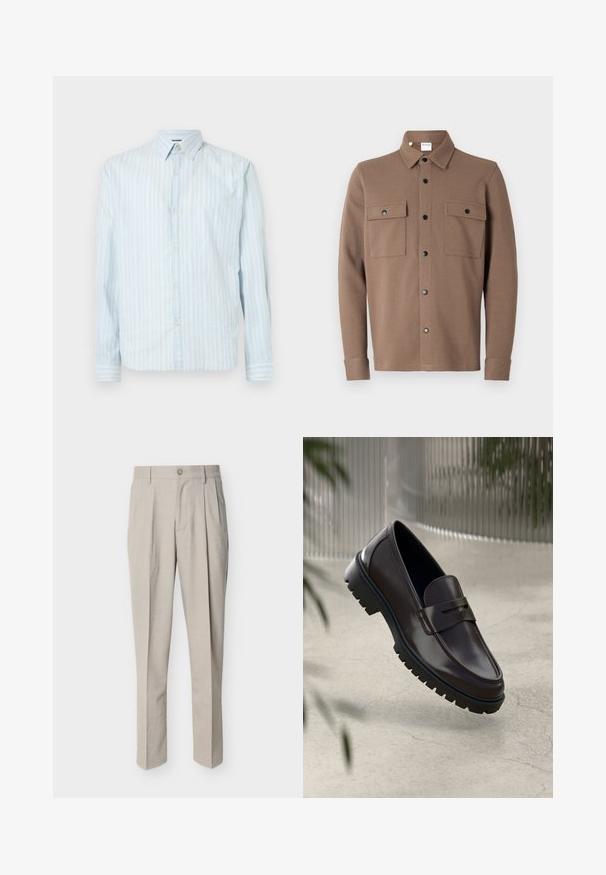Chaqueta marrón de botones con tejido texturizado. Presenta un cuello, dos bolsillos en el pecho con solapas y botones a presión negros.; Camisa de botones azul claro con rayas blancas verticales, cuello clásico, mangas largas y dos detalles de botón en las mangas.; Pantalones beige a medida para hombre con pinzas delanteras, trabillas para cinturón, cierre de botones y corte recto, sobre fondo blanco.; Mocasines de cuero marrón con una suela de goma texturizada y estriada. Presentan un diseño elegante y una correa decorativa sobre el empeine.