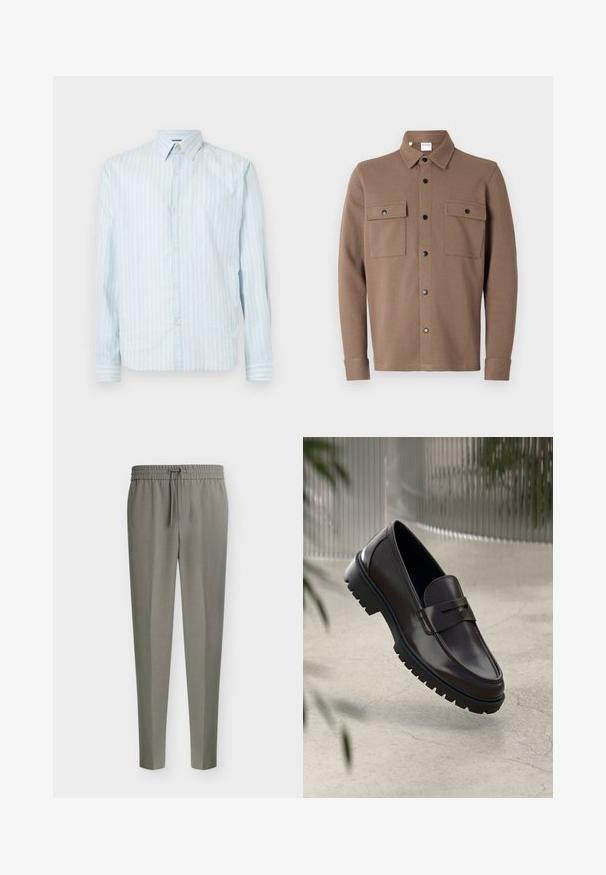Bruine button-up jas van gestructureerde stof. Heeft een kraag, twee borstzakken met kleppen en zwarte drukknoopsluitingen.; Lichtblauwe overhemdd met witte verticale strepen, klassieke kraag, lange mouwen en twee knoopaccenten op de mouwen.; Lichtgrijze, op maat gemaakte herenhosen met taps toelopende pijpen en een elastische tailleband met een vooraan trekkoord.; Bruine leren loafers met een getextureerde, geribbelde rubberen zool. Beschikt over een slank ontwerp en een decoratieve band over de wreef.