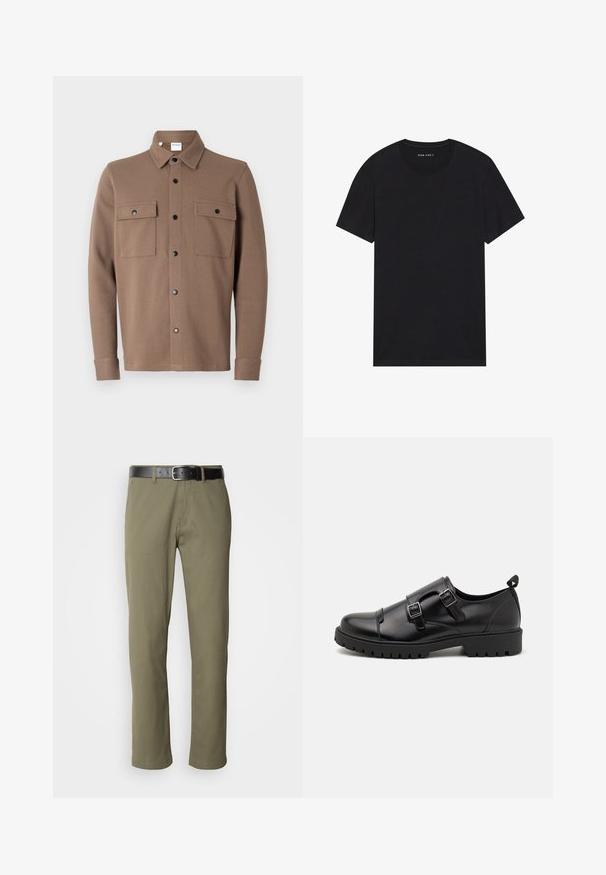 Brun knap-frontet jakke lavet af tekstureret stof. Har en krave, to brystlommer med klaffer og sorte trykknapper.; Sort bomulds t-shirt med korte ærmer og rund halsudskæring. Stoffet har en glat tekstur og et enkelt, ensfarvet design.; Olivengrønne lige ben bukser lavet af bomuld, med et sort læderbælte, synlig søm og sidelommer.; Pier One by Zalando Business loafers - black