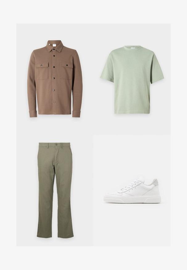 Braune, knöpfbare Jacke aus strukturiertem Stoff. Mit einem Kragen, zwei Brusttaschen mit Klappen und schwarzen Druckknöpfen.; Hellgrünes Baumwoll-T-Shirt mit rundem Halsauschnitt und kurzen Ärmeln. Der Stoff hat eine glatte Textur und ist ohne Muster.; Lässige olivgrüne Hose aus einem weichen Stoff. Mit geradem Beinschnitt, Fronttaschen und Knopfverschluss. Keine sichtbaren Muster.; Weiße Leder-Sneaker mit glatter Oberfläche, rundem Zehenbereich, flachen Schnürsenkeln und strukturiertem Schuhsohlen. Graues Wildleder-Detail an der Ferse.
